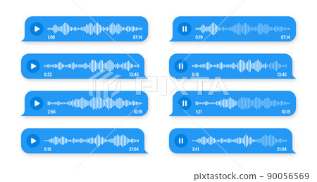 Voice, audio message, speech bubble. SMS text frame. Social media chat or messaging app conversation. Voice assistant, recorder. Sound wave pattern. Vector illustration Voice, audio message, speech bubble. SMS text frame. Social media chat or messaging app conversation. Voice assistant, recorder. Sound wave pattern. Vector illustration 90056569