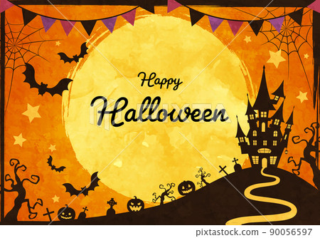 Halloween full moon night vector illustration background (garland) with silhouettes of castles and bats 90056597