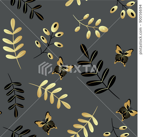 Seamless pattern of gold and black butterflies and twigs. Template for the design of fashionable fabrics, home textiles, clothing, paper, wallpaper, unusual packaging, curtains. Vector illustration. Seamless pattern of gold and black butterflies and twigs. Template for the design of fashionable fabrics, home textiles, clothing, paper, wallpaper, unusual packaging, curtains. Vector illustration. 90056694