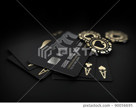 3d Rendering of casino gold chips and black play cards with bank card 3d Rendering of casino gold chips and black play cards with bank card 90056695