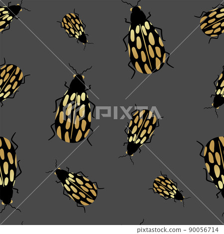 Gold and black beetles on a dark background with a seamless pattern. Vector illustration of a bug for the design of fabric, textiles, clothing, kimonos, men's shirts, packaging, wallpaper. Gold and black beetles on a dark background with a seamless pattern. Vector illustration of a bug for the design of fabric, textiles, clothing, kimonos, men's shirts, packaging, wallpaper. 90056714