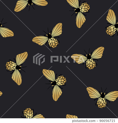 Gold and black butterflies on a dark background with a seamless pattern. Vector illustration for the design of fabric, textiles, clothing, kimonos, men's shirts, packaging, wallpaper. Gold and black butterflies on a dark background with a seamless pattern. Vector illustration for the design of fabric, textiles, clothing, kimonos, men's shirts, packaging, wallpaper. 90056715