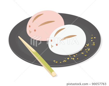 Illustration of Japanese sweets placed on a black plate 90057763