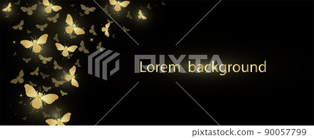 Banner with decorative shining golden butterflies on a black background. Vector illustration. 90057799