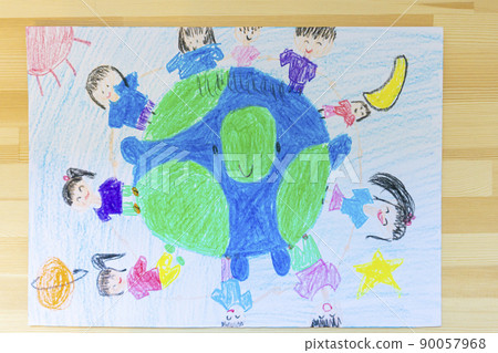 孩子畫的地球與和平圖片 90057968