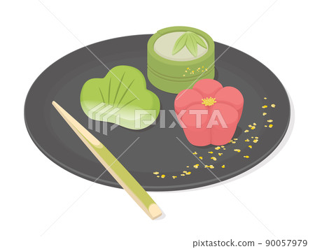 Illustration of Japanese sweets placed on a black plate 90057979