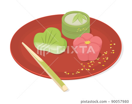 Illustration of Japanese sweets placed on a red plate Illustration of Japanese sweets placed on a red plate 90057980