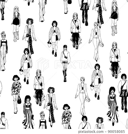 Seamless pattern. Women in trendy clothes. Defile sketch. 90058085
