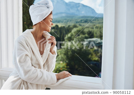 pretty woman good mood morning mountains landscape Lifestyle 90058112