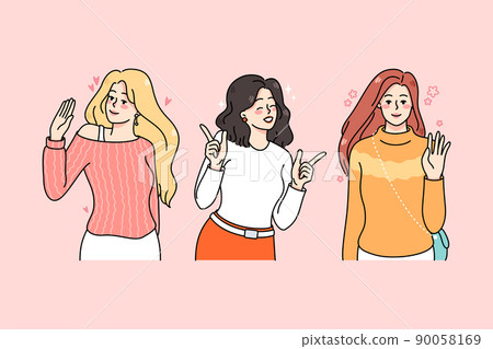 Smiling diverse women waving hands and greeting  90058169