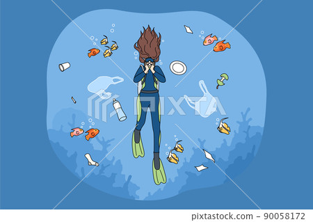 Scuba diver floating in contaminated ocean Scuba diver floating in contaminated ocean 90058172