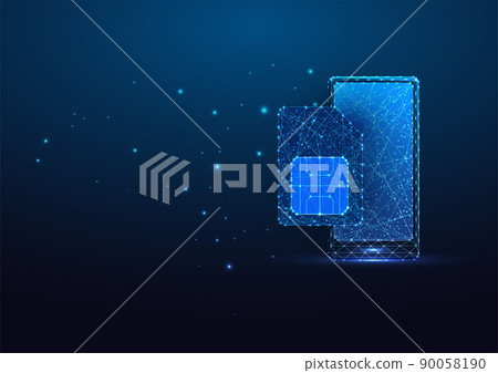 Futuristic smartphone and sim card in glowing low polygonal isolated on dark blue background.  90058190
