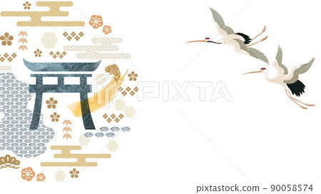 Crane birds with Japanese tradition icon and symbol vector. Wave pattern 90058574