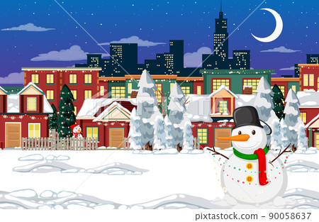 Winter snowy night town with a snowman 90058637