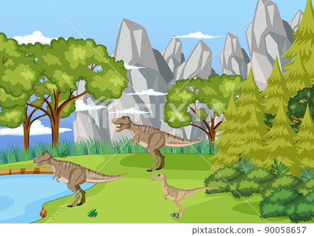 Nature scene with trees on mountains with dinosaur Nature scene with trees on mountains with dinosaur 90058657