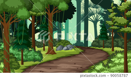 Nature scene with many trees and road 90058787