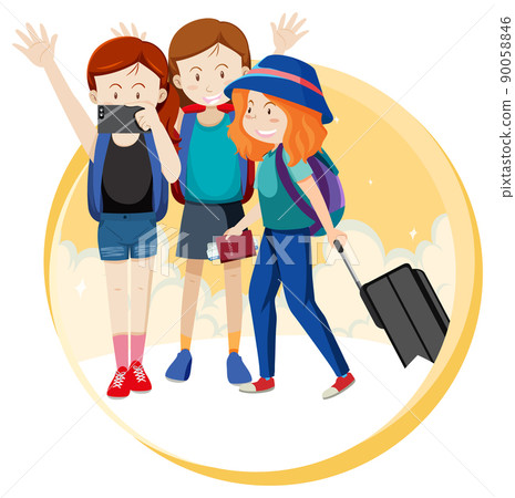 Happy girls group travel holiday theme with backpack 90058846