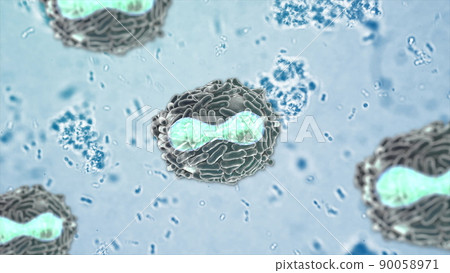 Pathogen outbreak of bacterium and pox virus, disease causing microorganisms 3D Animation render. Pathogen outbreak of bacterium and pox virus, disease causing microorganisms 3D Animation render. 90058971