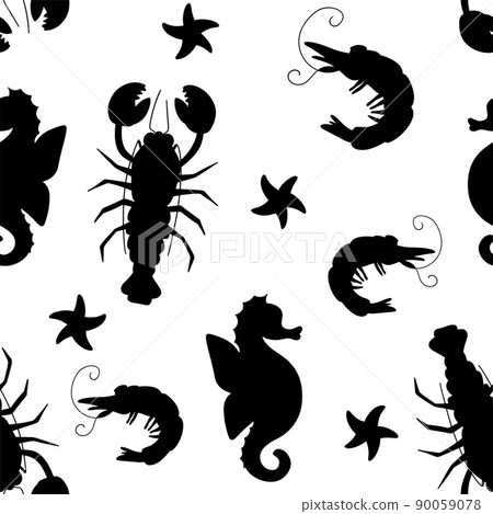 Monochrome sea pattern with black and white marine life, crayfish, shrimp, seahorses, starfish. Vector seamless pattern on a white background Monochrome sea pattern with black and white marine life, crayfish, shrimp, seahorses, starfish. Vector seamless pattern on a white background 90059078