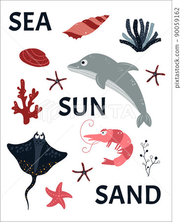 Sea poster and postcard for children. Cartoon marine animals, fish, algae and shells. Suitable for greeting card design, T-shirt design, children's room decor. Vector. 90059162