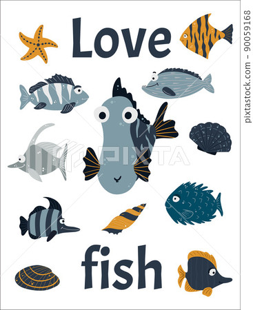 Sea poster and postcard for children. Cartoon marine animals, fish, algae and shells. Suitable for greeting card design, T-shirt design, children's room decor. Vector. Sea poster and postcard for children. Cartoon marine animals, fish, algae and shells. Suitable for greeting card design, T-shirt design, children's room decor. Vector. 90059168
