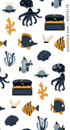 Seamless children's pattern with funny fish and sea animals. Children's texture for fabric, packaging, textiles, wallpaper, clothing. Vector background. 90059176
