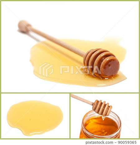 Collage with Honey dripping from honey dipper in glass jar. Healthy food concept Collage with Honey dripping from honey dipper in glass jar. Healthy food concept 90059365