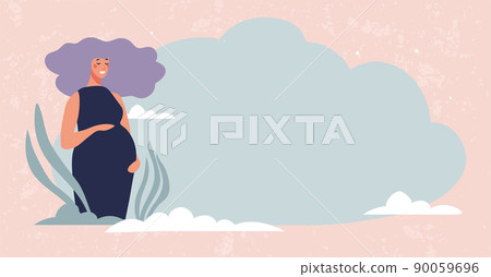 Modern pregnancy illustration with place for text. Cute happy pregnant woman with blank background. Banner for the doctor, goods for women, preparation for childbirth. Flat cartoon vector design. 90059696