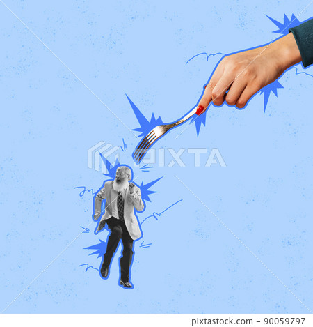 Contemporary art collage. Female hand holding fork and pointing at dancing senior man isolated over blue background Contemporary art collage. Female hand holding fork and pointing at dancing senior man isolated over blue background 90059797