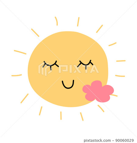 Cartoon sun with cute happy face. Funny sky character and cloud. Yellow star with heating sunbeams. Sunny weather. Meteorology forecast. Doodle summer cloudscape. Vector smiling day heaven element 90060029