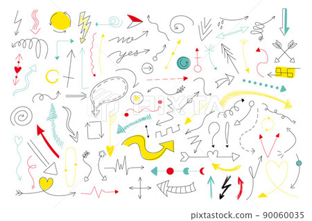 Doodle arrows. Abstract line pointers. Way direction and cycle minimal signs. Curve dotted cursor. Isolated black or color symbols. Navigation symbols. Spiral or zigzag. Vector pencil sketch icons set Doodle arrows. Abstract line pointers. Way direction and cycle minimal signs. Curve dotted cursor. Isolated black or color symbols. Navigation symbols. Spiral or zigzag. Vector pencil sketch icons set 90060035
