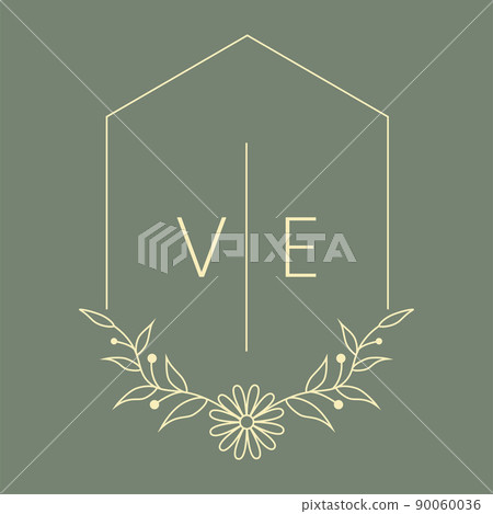 Flowers monogram. Botanical logo, line leaves and flower geometric frame, elegant outline floral logotype, organic emblem and label, spa and beauty salon, minimal design vector isolated illustration Flowers monogram. Botanical logo, line leaves and flower geometric frame, elegant outline floral logotype, organic emblem and label, spa and beauty salon, minimal design vector isolated illustration 90060036