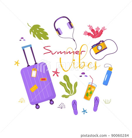 Set of travel stuff for adventure tourism, travel. Journey decorative design with tropical leaves, shells, clothes, accessories, shoes, suitcase, baggage for tourism. Flat cartoon modern vector Set of travel stuff for adventure tourism, travel. Journey decorative design with tropical leaves, shells, clothes, accessories, shoes, suitcase, baggage for tourism. Flat cartoon modern vector 90060284