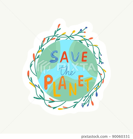 Happy Earth Day sticker! Ecology, recycle, zero waste with save environment vector illustration. Eco badges with girl, nature plant. Design for shopping bag, t-shirt, apparel, clothes, banner 90060331