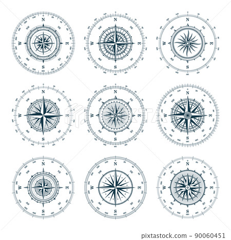 Vintage marine wind rose, nautical chart. Monochrome navigational compass with cardinal directions of North, East, South, West and degree markings. Geographical position, cartography and navigation. Vintage marine wind rose, nautical chart. Monochrome navigational compass with cardinal directions of North, East, South, West and degree markings. Geographical position, cartography and navigation. 90060451