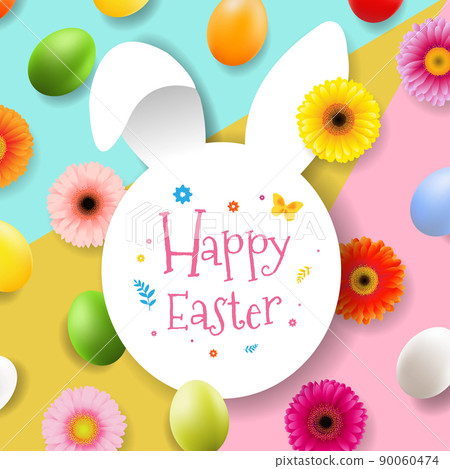 Happy Easter Banner With Spring Flowers And Eggs Happy Easter Banner With Spring Flowers And Eggs 90060474