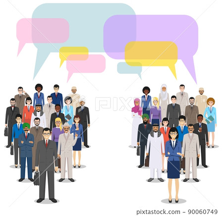 Group of men businessmen standing together and speech bubbles on white background in flat style. Business team and teamwork. Different nationalities and dress styles. Concept of the opinion poll. Group of men businessmen standing together and speech bubbles on white background in flat style. Business team and teamwork. Different nationalities and dress styles. Concept of the opinion poll. 90060749