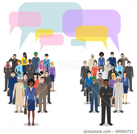 Group of men businessmen standing together and speech bubbles on white background in flat style. Business team and teamwork. Different nationalities and dress styles. Concept of the opinion poll. Group of men businessmen standing together and speech bubbles on white background in flat style. Business team and teamwork. Different nationalities and dress styles. Concept of the opinion poll. 90060752