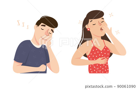 Sleepy Man and Woman Yawning Feeling Need for Sleep Vector Illustration Set Sleepy Man and Woman Yawning Feeling Need for Sleep Vector Illustration Set 90061090