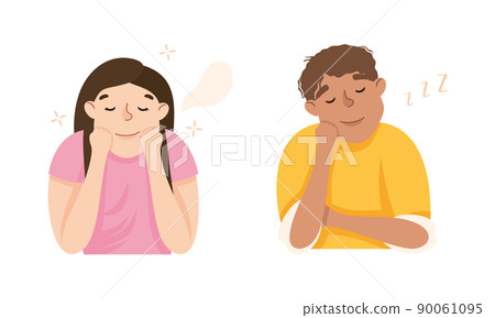 Sleepy Man and Woman Snoring and Having Nap Feeling Need for Sleep Vector Illustration Set 90061095