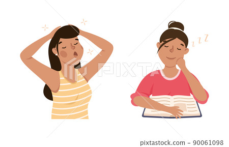 Sleepy Woman Yawning Feeling Need for Sleep Vector Illustration Set Sleepy Woman Yawning Feeling Need for Sleep Vector Illustration Set 90061098