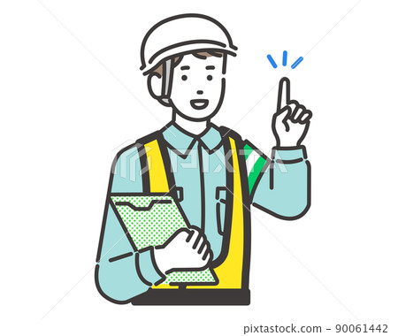 Vector illustration of a traffic maintenance worker who raises his index finger to explain Material / Car / Construction / Security Vector illustration of a traffic maintenance worker who raises his index finger to explain Material / Car / Construction / Security 90061442