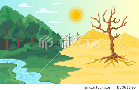 Cartoon Color Climate Change Landscape Scene Concept Flat Design Style. Vector illustration of Ecology Problem and Drought Earth Cartoon Color Climate Change Landscape Scene Concept Flat Design Style. Vector illustration of Ecology Problem and Drought Earth 90061580