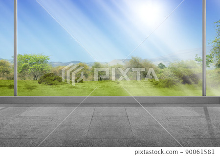 Empty room with window glass and green grass with trees Empty room with window glass and green grass with trees 90061581