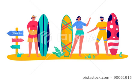 Concept of people surfing with surfboards, travel. Young women, men enjoying vacation on the sea, ocean. Concept of summer sports and leisure outdoor activities, walking. Flat vector 90061915
