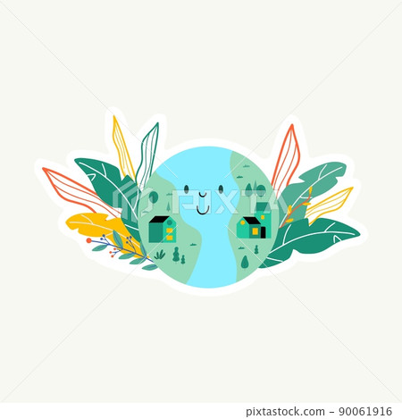 Happy Earth Day sticker! Ecology, recycle, zero waste set with save environment vector illustration. Eco badges with girl, nature plant. Design for shopping bag, t-shirt, apparel, clothes, banner 90061916