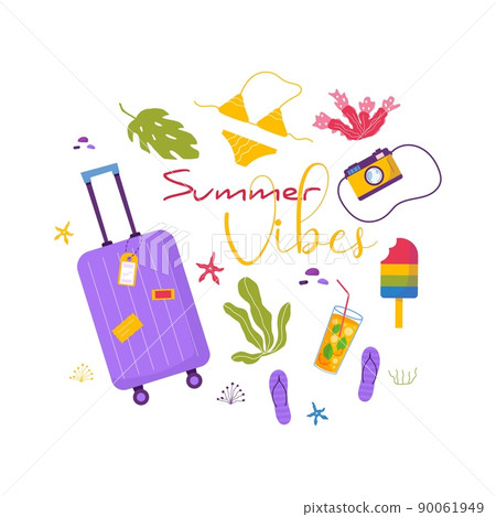 Set of travel stuff for adventure tourism, travel. Journey decorative design with tropical leaves, shells, clothes, accessories, shoes, suitcase, baggage for tourism. Flat cartoon modern vector Set of travel stuff for adventure tourism, travel. Journey decorative design with tropical leaves, shells, clothes, accessories, shoes, suitcase, baggage for tourism. Flat cartoon modern vector 90061949