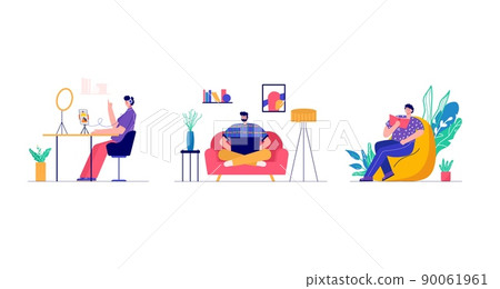 Modern people playing reading book, working freelance, gaming. Set of characters enjoying their hobbies, work, leisure. Vector illustration in flat cartoon style. Modern people playing reading book, working freelance, gaming. Set of characters enjoying their hobbies, work, leisure. Vector illustration in flat cartoon style. 90061961