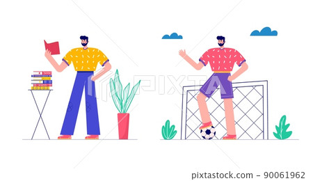 Modern people playing football, cooking, reading book, gaming. Set of characters enjoying their hobbies, work, leisure. Vector illustration in flat cartoon style. Modern people playing football, cooking, reading book, gaming. Set of characters enjoying their hobbies, work, leisure. Vector illustration in flat cartoon style. 90061962