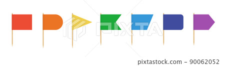 Toothpick flag. Blank flag on wooden stick. Wood toothpick with white paper banner for food and cocktail decoration. Different forms of color pennant. Realistic 3d vector isolated on white background 90062052